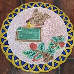 1994 FITZ and FLOYD Majolica Christmas Plate Bird Merry Xmas Happy New Year EC